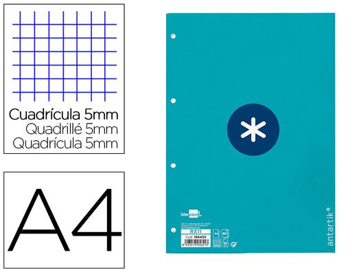 Recambio liderpapel a4 antartik 80 hojas 90g/m2 cuadro 5mm 4 taladros 1 banda con marco color turquesa