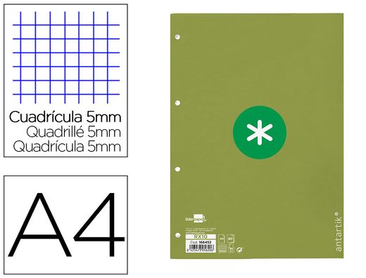 Recambio liderpapel a4 antartik 80 hojas 90g/m2 cuadro 5mm 4 taladros 1 banda con marco color verde