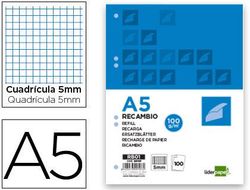 Recambio Liderpapel A5 100 Hojas 100G/M2 Cuadro 5Mm con Margen 6 Taladros