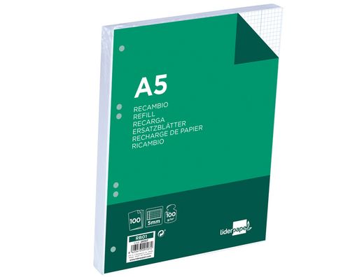 Recambio Liderpapel A5 100 Hojas 100G/M2 Cuadro 5Mm con Margen 6 Taladros