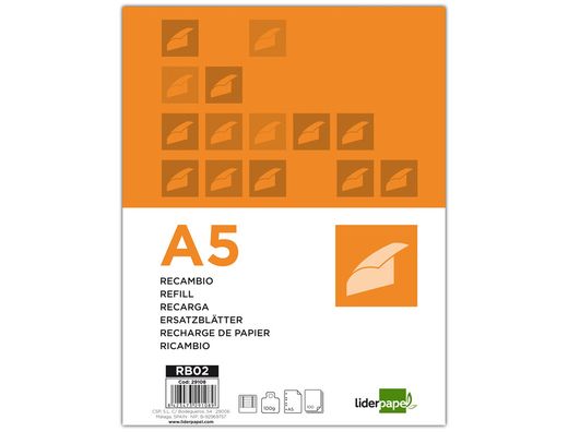 Recambio Liderpapel A5 100 Hojas 100G/M2 Horizontal con Margen 6 Taladros