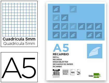Recambio Liderpapel A5 120 Hojas 80G/M2 Cuadro 5Mm Sin Margen 6 Taladros Bandas de 5 Colores