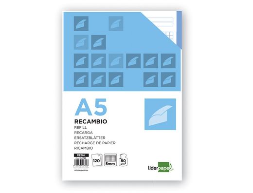 Recambio Liderpapel A5 120 Hojas 80G/M2 Cuadro 5Mm Sin Margen 6 Taladros Bandas de 5 Colores