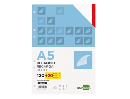 Recambio Liderpapel A5 120 Hojas 80G/M2 Horizontal Sin Margen 6 Taladros Bandas de 5 Colores