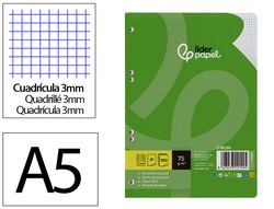 Recambio liderpapel A5 100 hojas 75gr cuadro 3mm con margen 6 taladros
