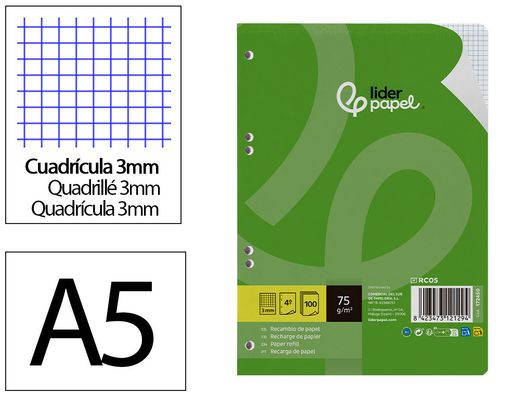 Recambio liderpapel A5 100 hojas 75gr cuadro 3mm con margen 6 taladros