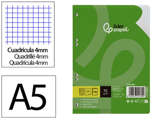 Recambio liderpapel A5 100 hojas 75gr cuadro 4mm con margen 6 taladros