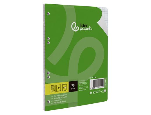 Recambio liderpapel A5 100 hojas 75gr cuadro 4mm con margen 6 taladros