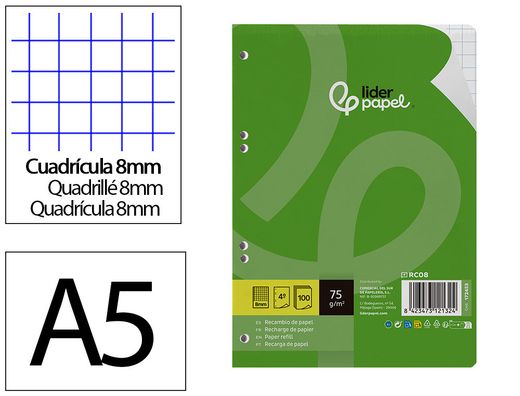 Recambio liderpapel din A5 100 hojas 75 gr cuadro 8mm con margen 6 taladros