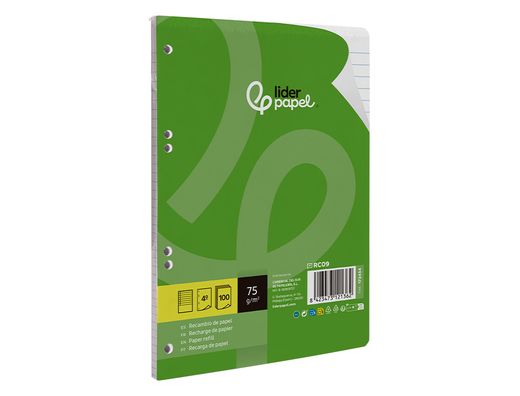 Recambio liderpapel din A5 100 hojas 75 gr horizontal con margen 6 taladros