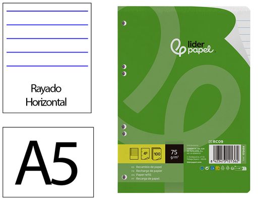 Recambio liderpapel din A5 100 hojas 75 gr horizontal con margen 6 taladros