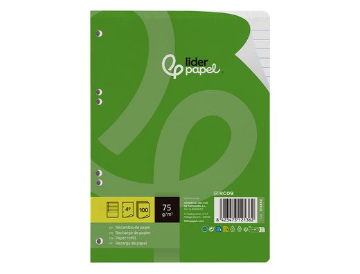 Recambio liderpapel din A5 100 hojas 75 gr horizontal con margen 6 taladros