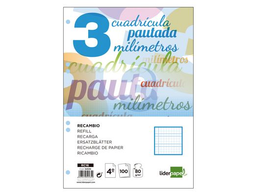 Recambio Liderpapel Cuarto Pautaguia 100 Hojas 70 G Cuadriculado Pautado 3 mm con Margen 6 Taladros