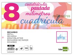 Recambio Liderpapel Cuarto Pautaguia 100 Hojas 70 G Cuadriculado Pautado 8 mm con Margen 2 Taladros Apaisado