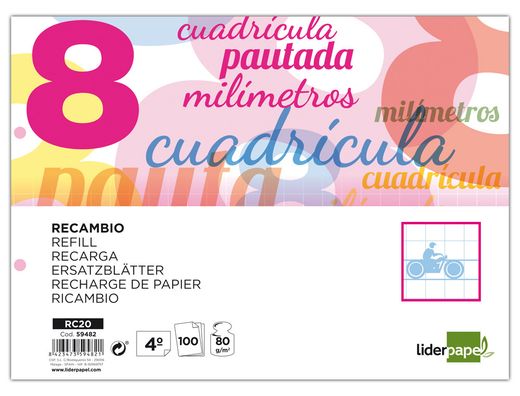 Recambio Liderpapel Cuarto Pautaguia 100 Hojas 70 G Cuadriculado Pautado 8 mm con Margen 2 Taladros Apaisado