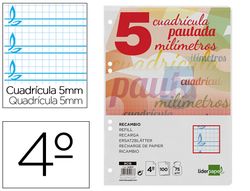 recambio liderpapel cuarto pautaguia 100 hojas 75 g cuadriculado pautado 5 mm con margen 6 taladros