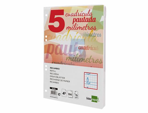 recambio liderpapel cuarto pautaguia 100 hojas 75 g cuadriculado pautado 5 mm con margen 6 taladros