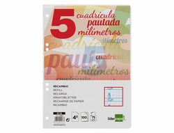 recambio liderpapel cuarto pautaguia 100 hojas 75 g cuadriculado pautado 5 mm con margen 6 taladros