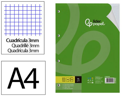 Recambio liderpapel din A4 100 hojas 75 gr cuadro 3 mm con margen 4 taladros