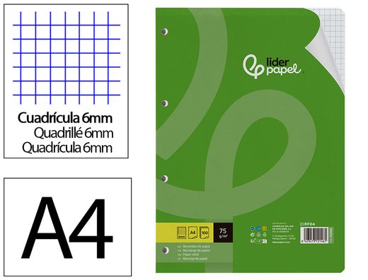 Recambio liderpapel A4 100 hojas 75gr cuadro 6mm 4 taladros con margen
