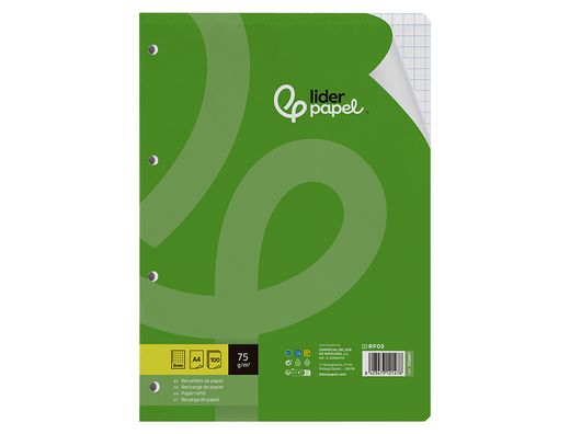 Recambio liderpapel A4 100 hojas 75gr cuadro 8mm con margen 4 taladros