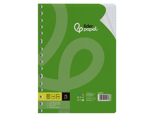 Recambio liderpapel A4 100 hojas 75gr cuadro 4mm con margen 16 taladros