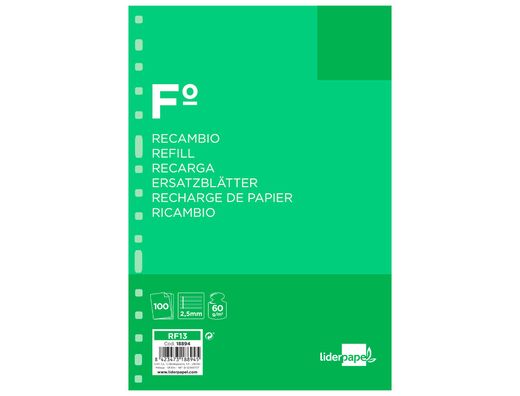 Recambio Liderpapel Folio 100 Hojas 60G/M2 Pauta 5ª 2.5Mm con Margen 16 Taladros