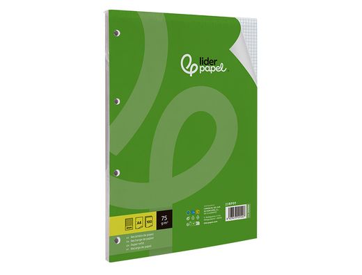 Recambio liderpapel A4 100 hojas 75gr cuadro 4mm con margen 4 taladros