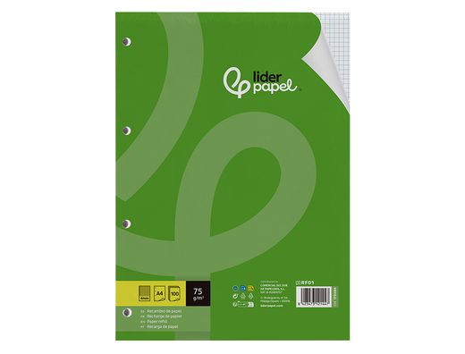 Recambio liderpapel A4 100 hojas 75gr cuadro 4mm con margen 4 taladros