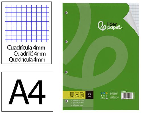 Recambio liderpapel A4 100 hojas 75gr cuadro 4mm con margen 4 taladros