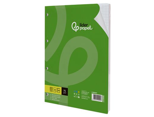 Recambio liderpapel A4 100 hojas 75gr cuadro 4mm con margen 4 taladros
