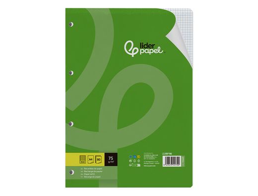 Recambio liderpapel A4 80 hojas 75gr cuadro 4 mm con margen 4 taladros