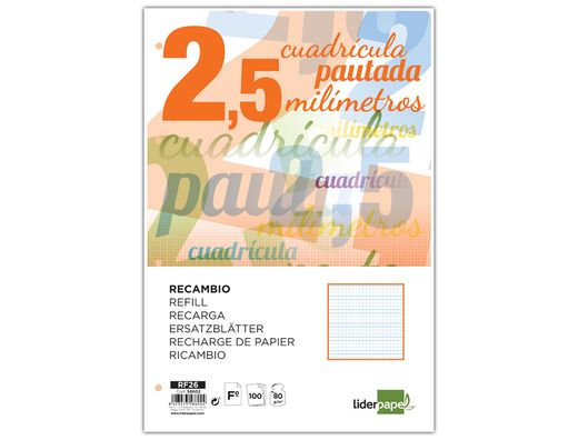 Recambio Liderpapel Folio Pautaguia 100 Hojas 80 G Cuadriculado Pautado 2,5 mm con Margen 4 Taladros