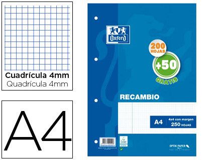Recambio oxford din a4 200 + 50 hojas gratis cuadro 4 mm con margen