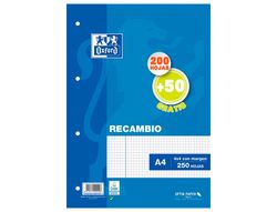 Recambio oxford din a4 200 + 50 hojas gratis cuadro 4 mm con margen