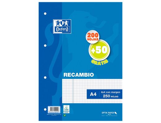 Recambio oxford din a4 200 + 50 hojas gratis cuadro 4 mm con margen