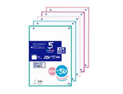 Recambio oxford din A4 200+50 hojas gratis cuadro 5 mm 4 taladros con banda 5 colores pastel