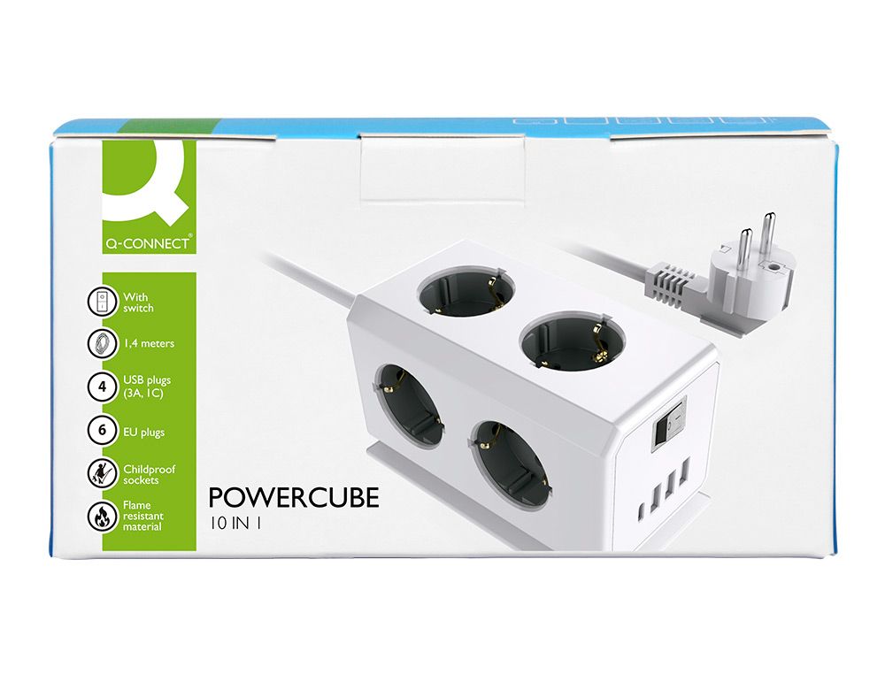 Regleta q-connect enchufe multiple 10 en 1 cable 1,4 mt 6 tomas de corriente+3 usb+1 usb tipo c 140x76x87mm