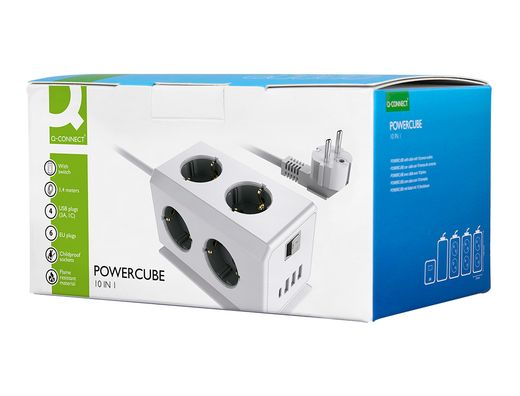 Regleta q-connect enchufe multiple 10 en 1 cable 1,4 mt 6 tomas de corriente+3 usb+1 usb tipo c 140x76x87mm