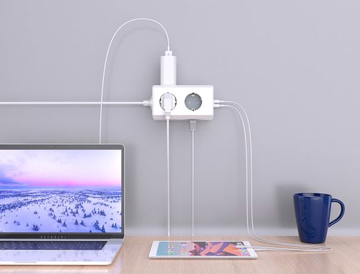 Regleta q-connect enchufe multiple 10 en 1 cable 1,4 mt 6 tomas de corriente+3 usb+1 usb tipo c 140x76x87mm