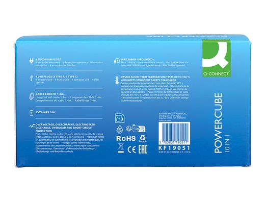 Regleta q-connect enchufe multiple 10 en 1 cable 1,4 mt 6 tomas de corriente+3 usb+1 usb tipo c 140x76x87mm