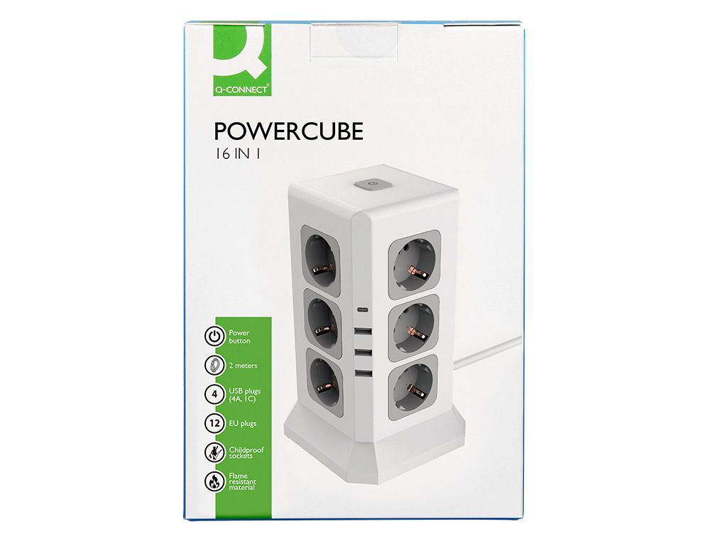 Regleta q-connect enchufe multiple 16 en 1 cable 2 mt 12 tomas de corriente+3 usb+1 usb tipo c 120x120x210mm