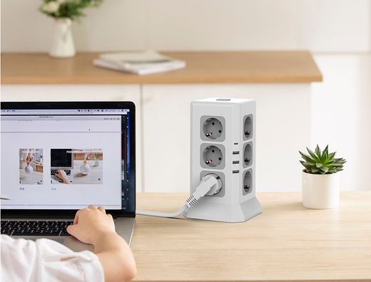 Regleta q-connect enchufe multiple 16 en 1 cable 2 mt 12 tomas de corriente+3 usb+1 usb tipo c 120x120x210mm