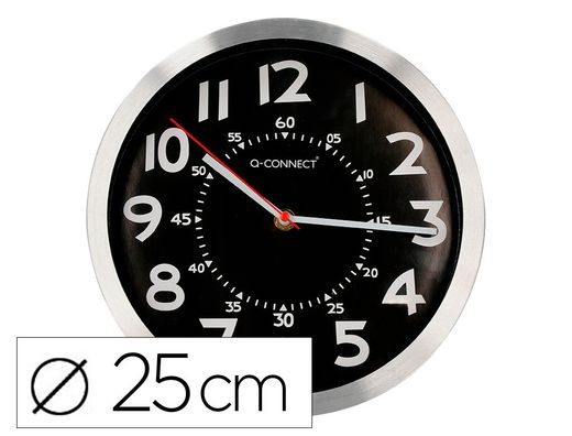 Reloj q-connect de pared metalico redondo 25 cm movimiento silencioso color negro con esfera cromado
