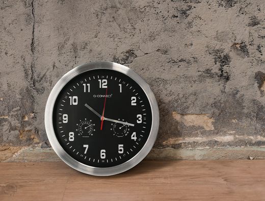Reloj q-connect de pared metalico redondo 35,5 cm movimiento silencioso color cromado con esfera negra