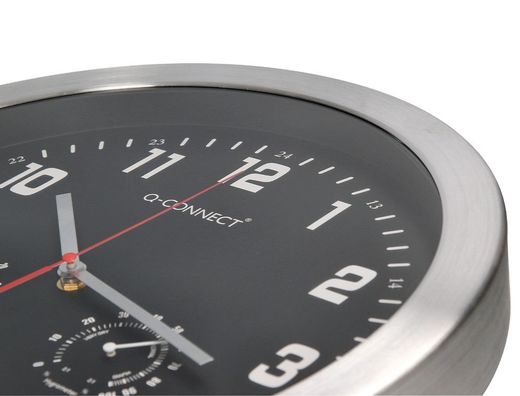 Reloj q-connect de pared metalico redondo 35,5 cm movimiento silencioso color cromado con esfera negra