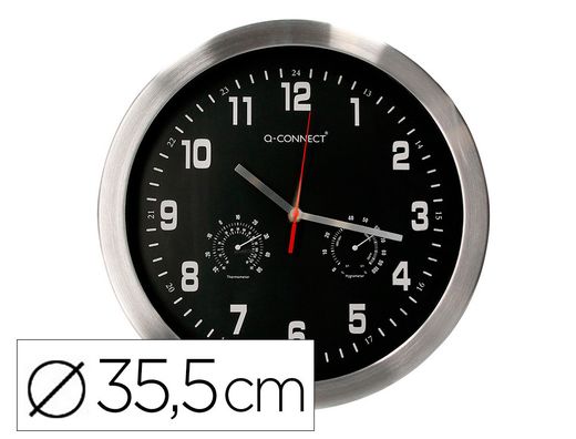 Reloj q-connect de pared metalico redondo 35,5 cm movimiento silencioso color cromado con esfera negra