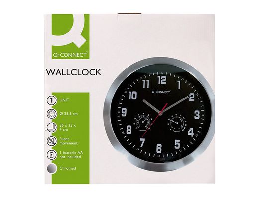 Reloj q-connect de pared metalico redondo 35,5 cm movimiento silencioso color cromado con esfera negra