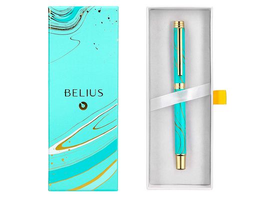 Roller belius aqua aluminio color turquesa y dorado tinta negra caja de diseño