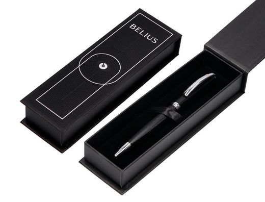 Roller belius turbo aluminio textura punteada color negro y plateado tinta azul caja de diseño